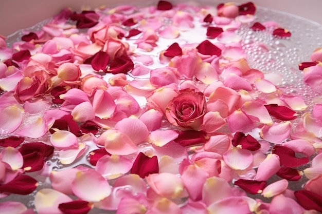 Luxurious bubble bath with rose petals sprinkled on top