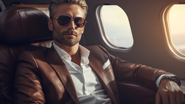 Luxurious businessman is sitting and traveling in private plane