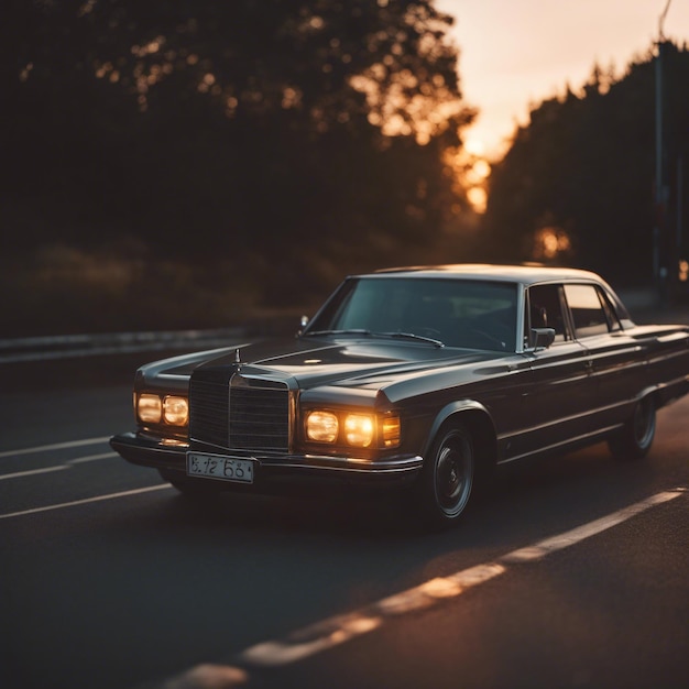 Luxurious car parked on the highway with an illuminated headlight at sunset