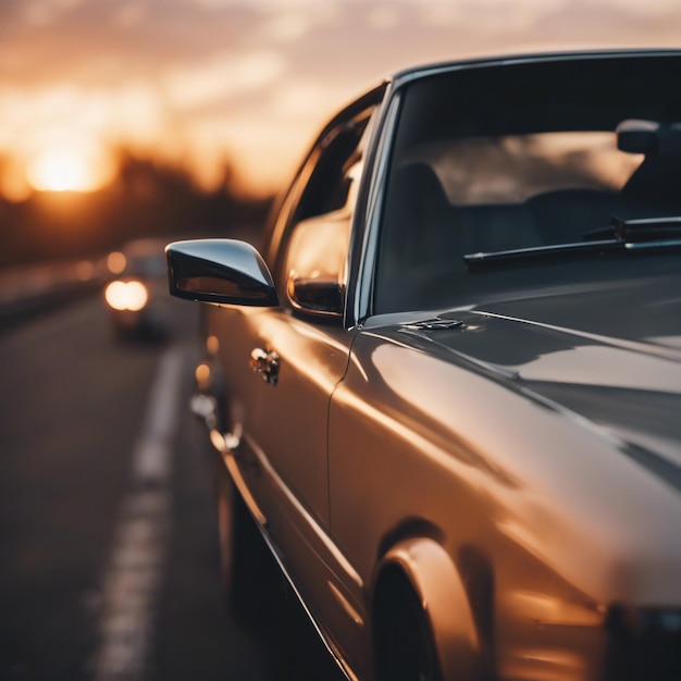 Foto auto di lusso parcheggiata sull'autostrada con un faro illuminato al tramonto