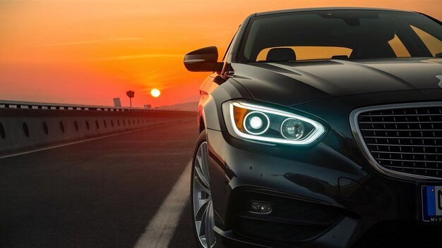 Luxurious car parked on the highway with an illuminated headlight at sunset