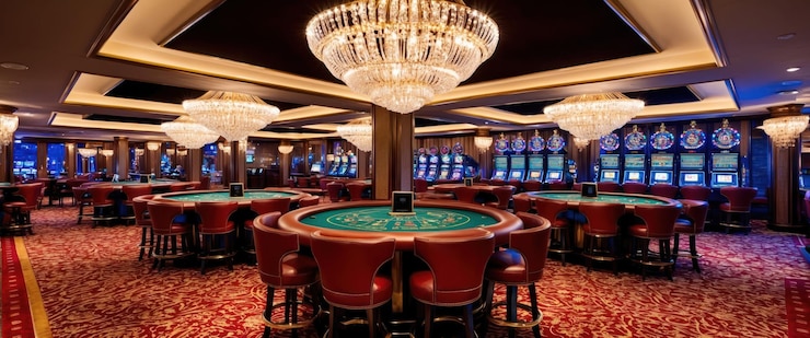 Photo luxurious casino gaming room featuring ornate chandeliers and elegant decor