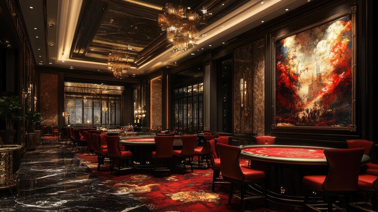 Photo luxurious casino interior with red chairs and a single black jack table