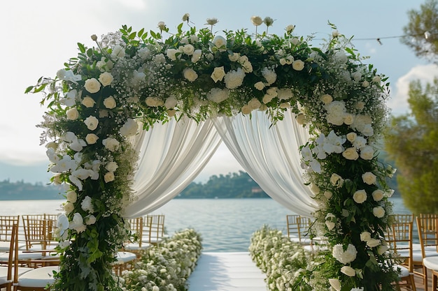 Luxurious ceremony lakeside wedding with white flower decorations and chairs