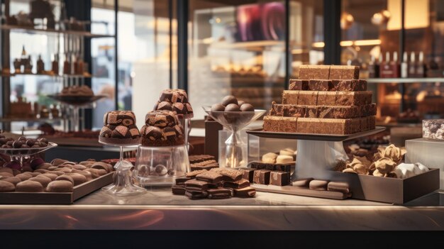 Photo a luxurious chocolate shop with a variety of exquisite chocolates on display