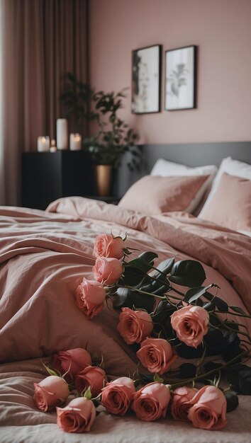 Luxurious Classic and Elegant Peach Interior Design for Bedroom with Roses and Flowers Background