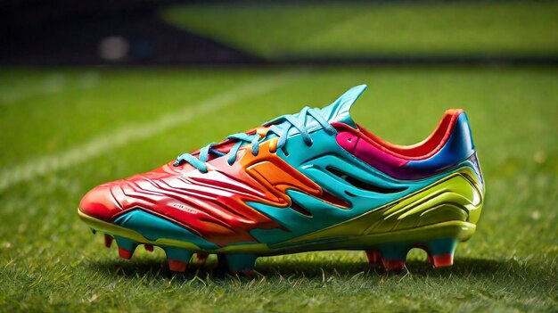 Photo a luxurious colorful soccer shoes isolated on grassy field background