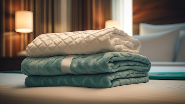 Photo luxurious comfort clean terry towels stacked on bed