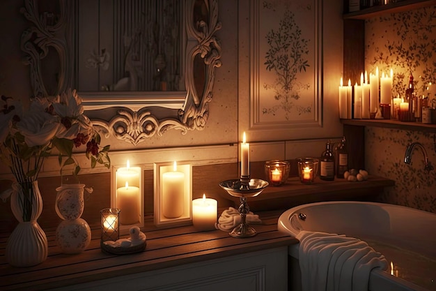 Luxurious concept of bathroom interior by candlelight with soft lighting generative ai