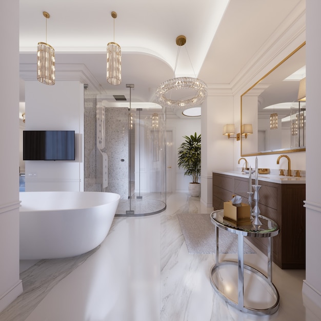 Роскошная современная ванная комната с отдельно стоящей ванной и телевизором на стене, душем, туалетным столиком с зеркалом и настенным светильником. 3D-рендеринг.