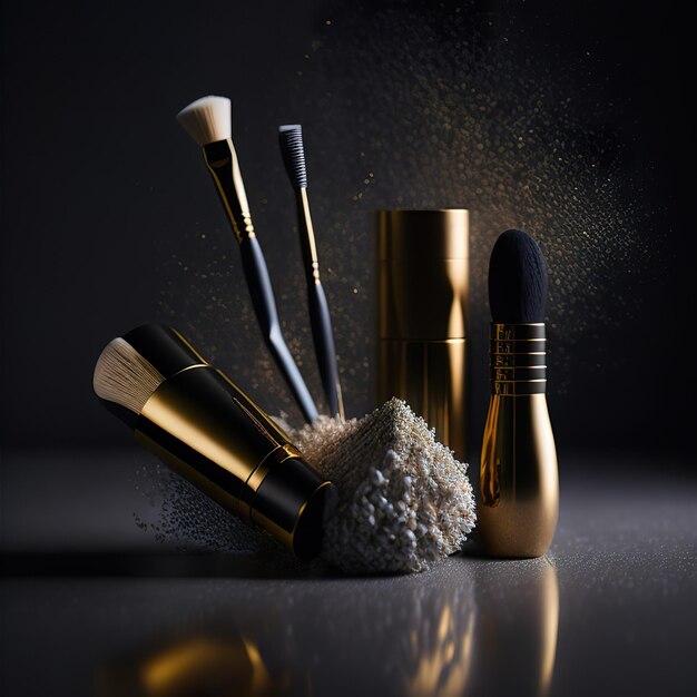 Photo luxurious cosmetic with golden details on a dark background