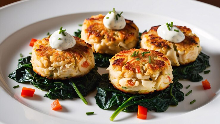 Photo luxurious crab cakes served with collard greens and a drizzle of roasted garlic beurre blanc offering a refined and flavorful dining experience