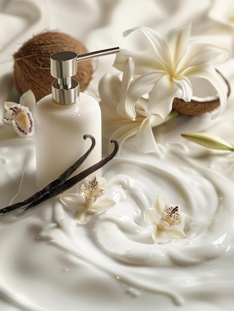 Photo luxurious cream beautiful jar dynamic and elegant composition of cream with coconut and vanilla