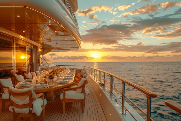 Luxurious Cruise Ship Deck at Sunset with Ocean View Elegant Outdoor Dining Setup Vacation Travel