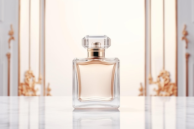 Luxurious crystal perfume bottle on a light background with soft focus flowers adding to its elegant and sophisticated style