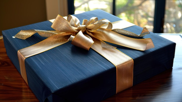 Luxurious Dark Blue Gift Box with Gold Satin Ribbon Elegant Surprise for Special Occasions and Cel