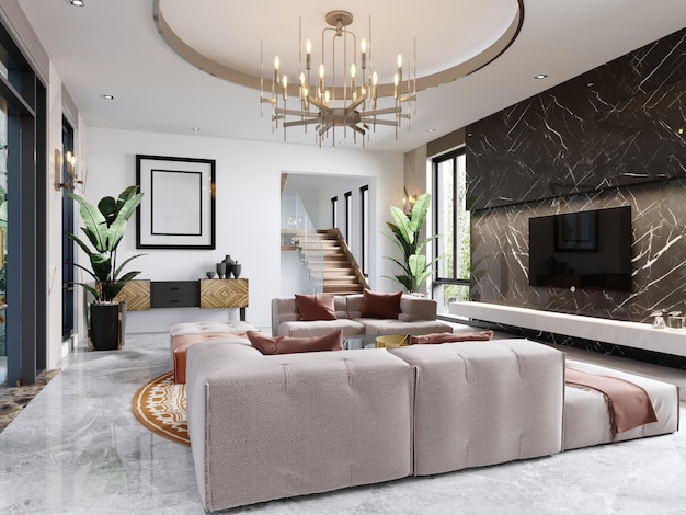 Luxurious design of the living room with a multicolored sofa\
and a tv unit on a black marble