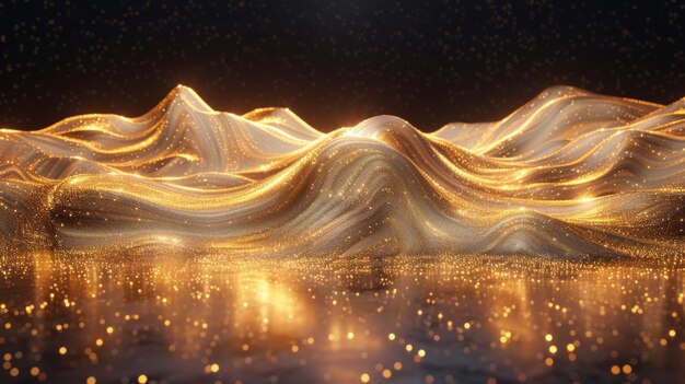 A luxurious digital canvas showcases a dynamic wave of gold particles illuminated by abstract light effects and sprinkled with starlike dust on the floor This opulent display of AI Generative