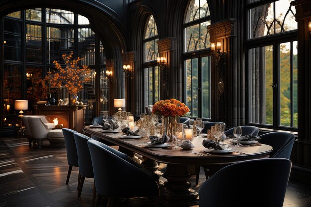 Luxurious dining room marble table velvet chairs and gold details generative IA