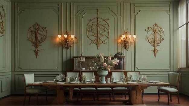 Photo luxurious dining room with chandelier and feather chairs