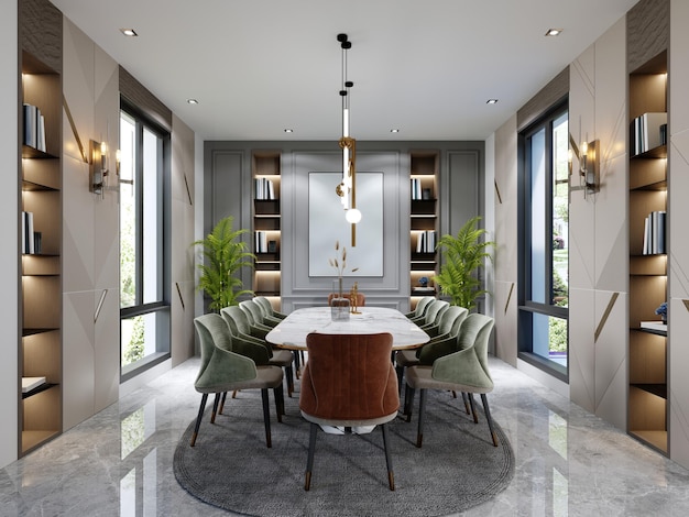 Luxurious dining room with a large marble table and ten different colored chairs with shelves