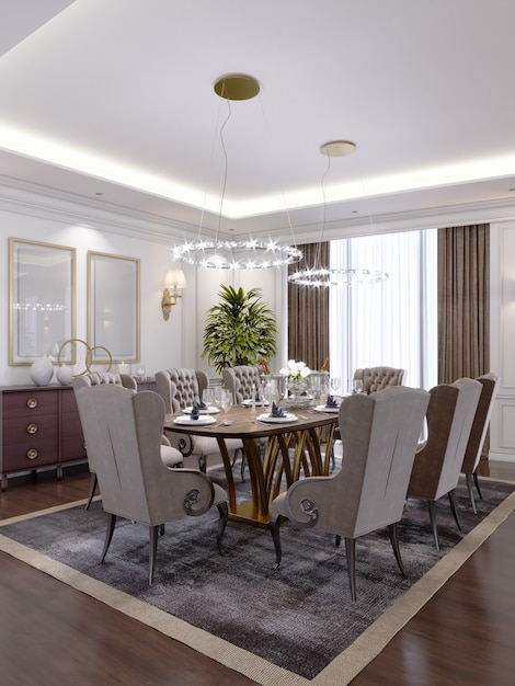 Luxurious dining room with a large table and soft chairs in a\
classic apartment. 3d rendering.