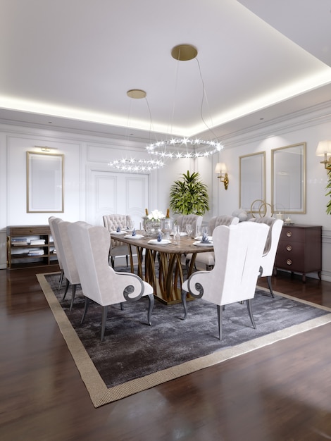 Luxurious dining room with a large table and soft chairs in a classic apartment. 3D rendering.