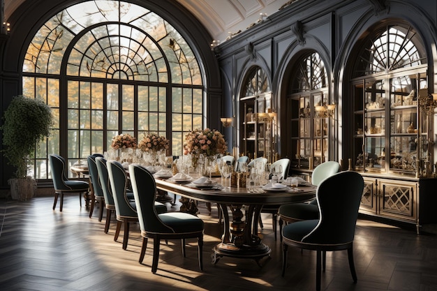 Luxurious dining room with marble table and gold details generative IA