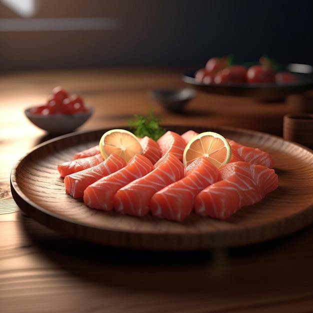 日本料理の真髄を味わう贅沢な一品 新鮮で彩り豊かなサーモンのお造りを木皿に盛る 生成AI