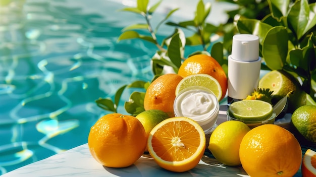 Luxurious display of citrus fruits and face cream by the pool AI generated illustration