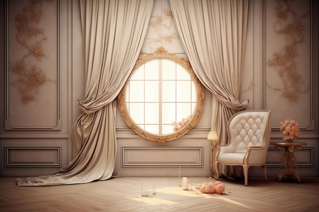 luxurious drapery with floral wall hangings and a curved mirror AI generative