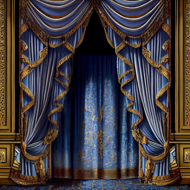 Luxurious draping curtain background, interior backdrop with vintage drapes with fringe detail