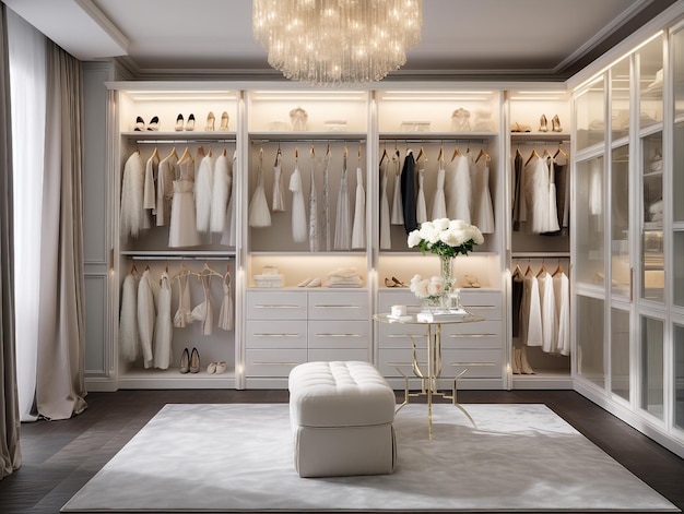 Luxurious dressing room interior with wardrobe