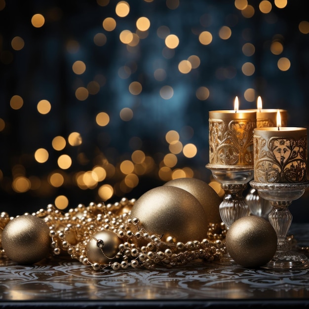 A luxurious and elegant holiday scene with golden baubles and an intricate patterned background