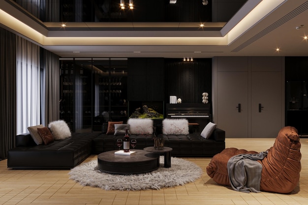 a luxurious and elegant home decor with a black modular sofa a couch center table on the puff