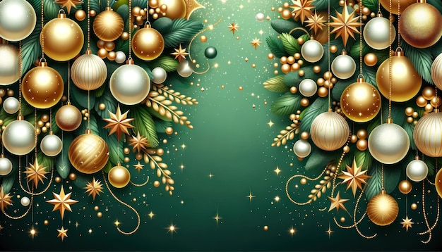 Luxurious Emerald Green Background with Golden and Silver Christmas Ornaments AI Generated