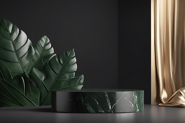 Luxurious empty product marble stone podium and forest green leaves on dark background