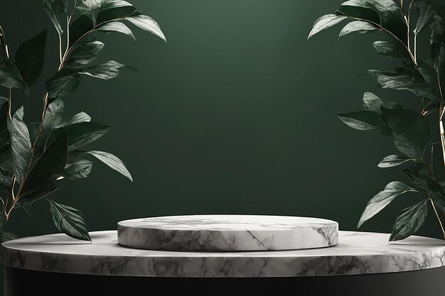 Luxurious empty product marble stone podium and forest green leaves on dark background