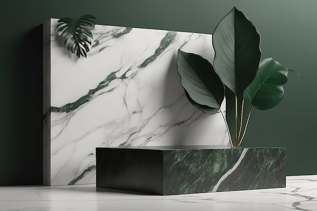 Photo luxurious empty product marble stone podium and forest green leaves on dark background