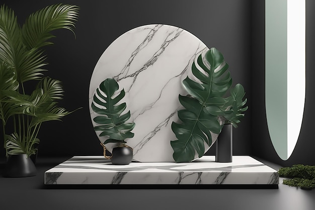 Luxurious empty product marble stone podium and forest green leaves on dark background