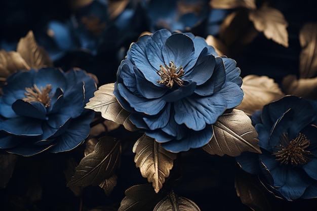 Luxurious finely textured blue and gold flowers painted in a dark and moody color