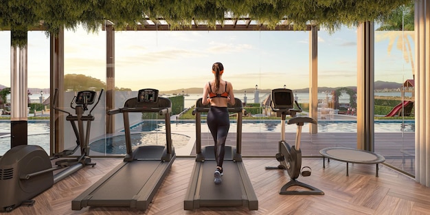 Luxurious fitness center with weight training, running, yoga and meditation equipment