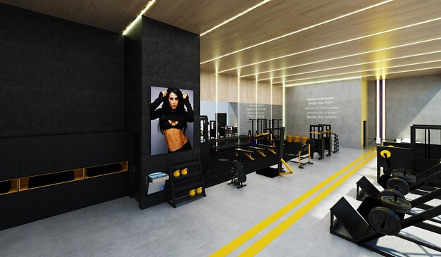 Foto lussuoso centro fitness con attrezzature per allenamento con i pesi, corsa, yoga e meditazione