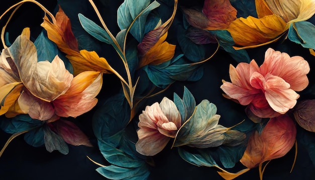 Luxurious floral elements botanical background or wallpaper design prints. 3D render.