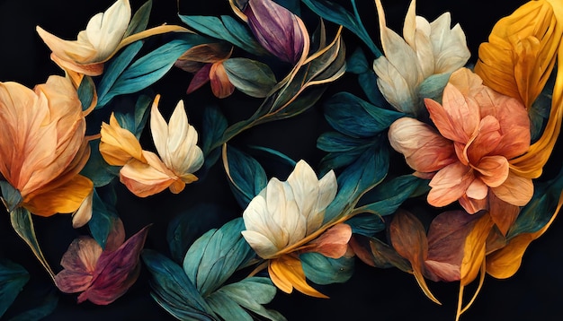 Foto lussuosi elementi floreali botanici di sfondo o stampe di design per carta da parati. rendering 3d.