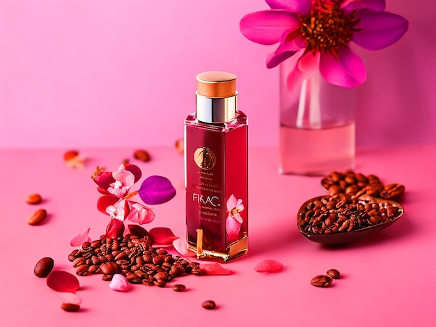 Роскошная бутылка с цветочным ароматом и розовая реклама парфюмерии