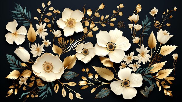 Luxurious flowers and leaves trendy botanical elements wedding elegant wildflowers for invitation banner wall painting fabric print ai generated