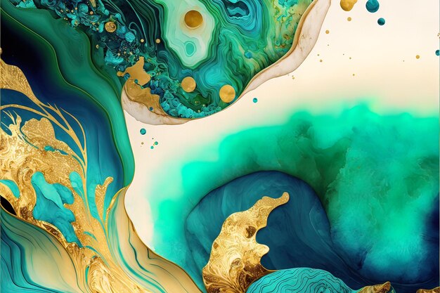 Luxurious fluid art in gold blue and green marine paint Divorces and waves mixing colors