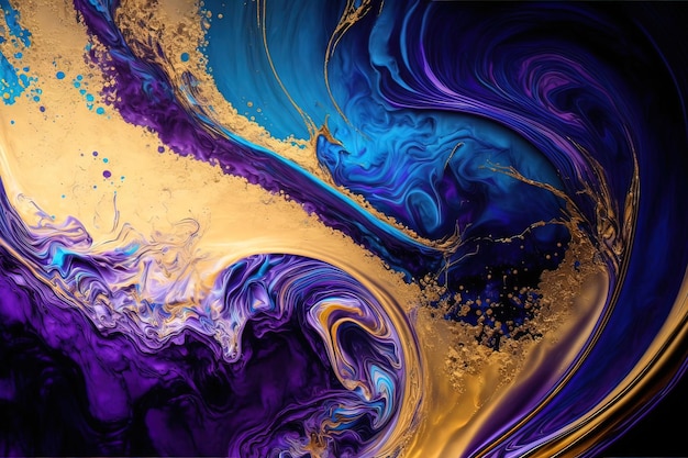 Luxurious fluid art in gold blue and purple paint Divorces and waves mixing colors