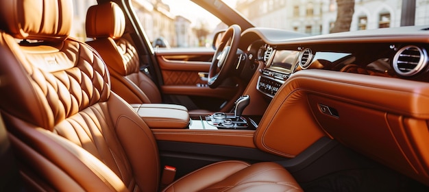 Роскошный передний вид коричневых кожаных задних пассажирских сидений в современном стильном роскошном автомобиле